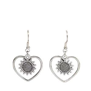 Silver Plated Boho Heart and Sunflower Drop Earrings
